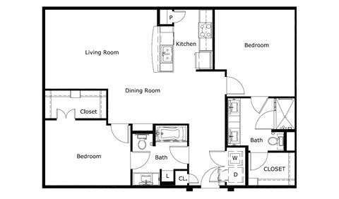 Floor plan for 2 beds, 2 baths, 1338 sqft